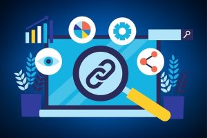 A flat design illustration features a laptop with a magnifying glass highlighting a chain link icon on its screen, surrounded by other SEO-related icons like a bar chart, pie chart, and gear, strongly emphasizing The Importance of Backlinks for SEO.