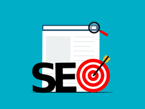 A flat design illustration features a web page with a search bar and magnifying glass, accompanied by the large black letters "SE" and a target icon (with an arrow) replacing the "O," visually representing Search Engine Optimization and current SEO Trends.