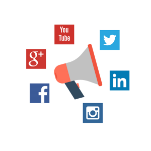 Illustration of a megaphone surrounded by app icons like YouTube, Twitter, and Instagram, representing key Social Media Trends and cross-platform communication.